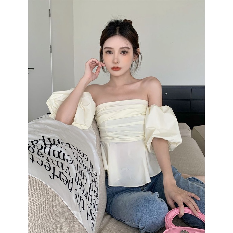 Blouse Wanita Off Shoulder Puff Lengan Pendek Polos Lipatan Crop Top