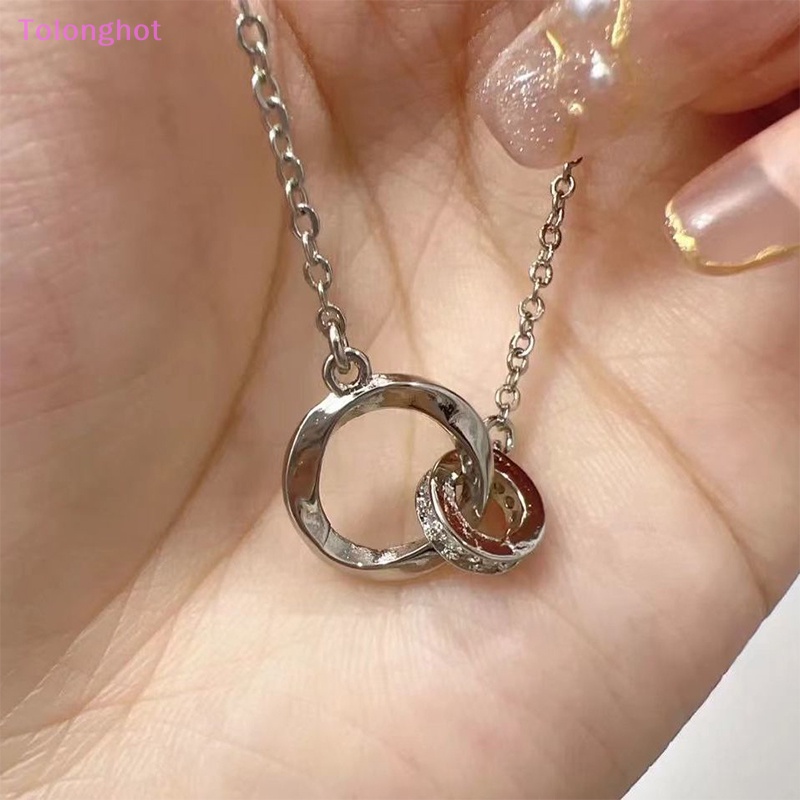 Tolonghot&gt; Mobius Intertwined Round Zirconia Pasangan Kalung Rantai Klavikula Cahaya Punk Geometris Manis Keren Perhiasan Hadiah Pesta well