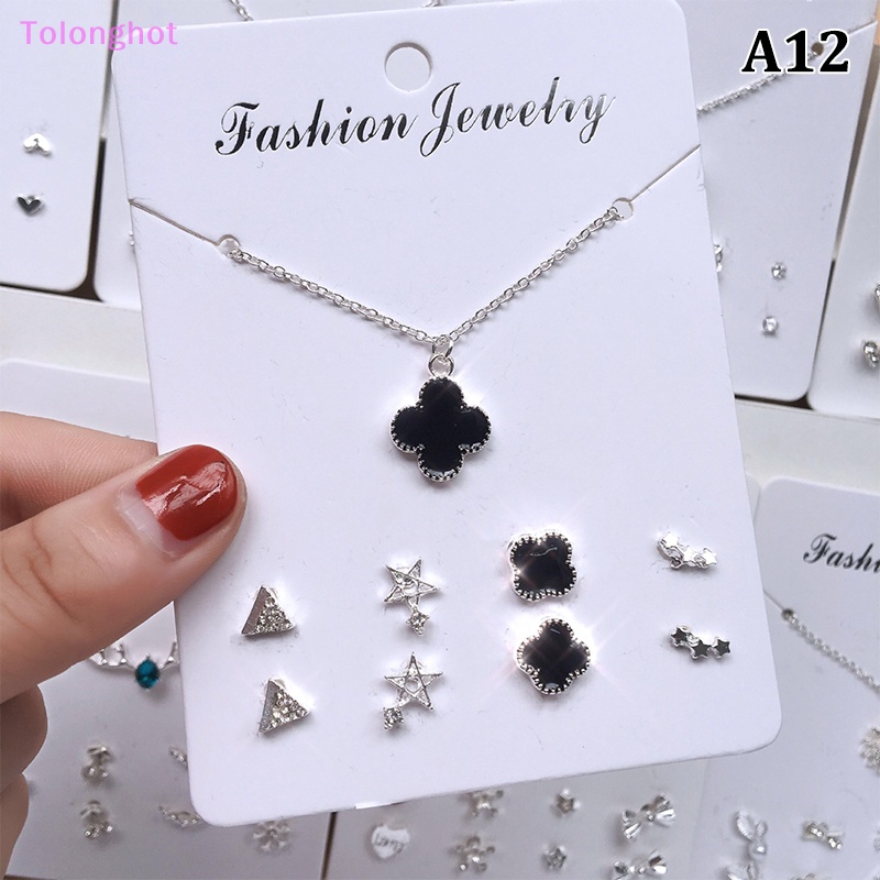 Tolonghot&gt; Korea Trendi Zirkon Liontin Kalung Dengan 4pasang Anting Stud Fashion Perhiasan Set Sederhana Warna Perak Klavikula Rantai Telinga Stud well