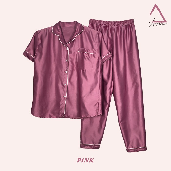 Baju Tidur Wanita Piyama Setelan Satin CP Celana Panjang - Polos - Pink