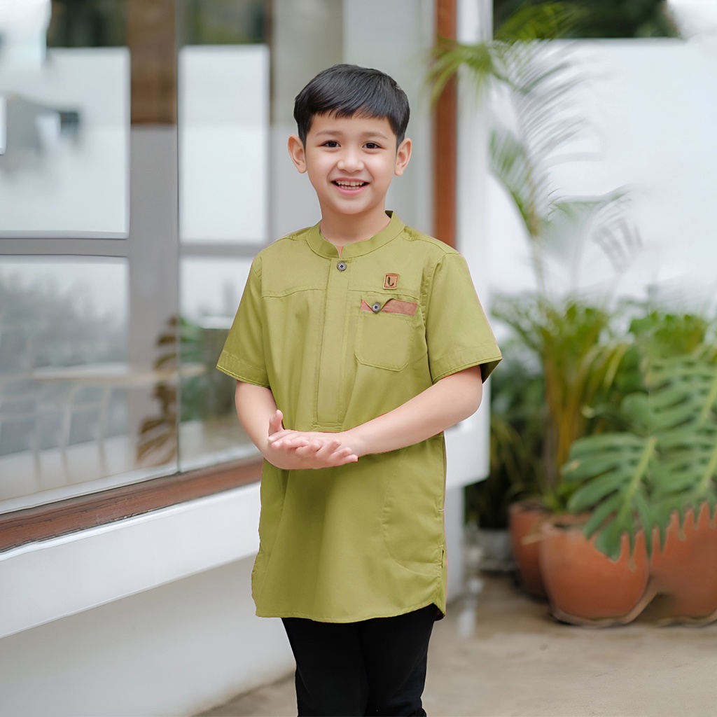 Baju Koko Kurta Baju Muslim Anak Pria yang Nyaman dan Fashionable Lengan Pendek Hijau Lemon Lime