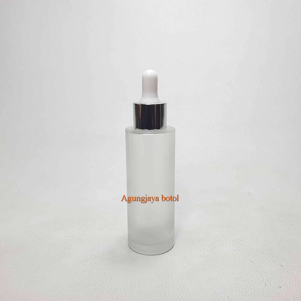 Botol Pipet 60 ml Cilinder Clear Fros Tutup Pipet Alumunium  / Botol Kaca Kosmetik / Botol Kaca Seru