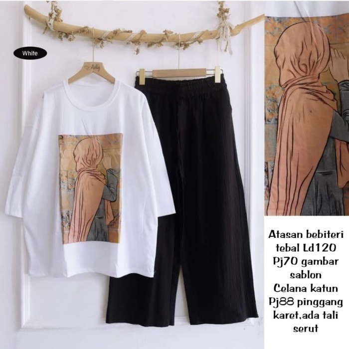 New Style Trend Setelan Celana Wanita Jumbo Atasan Kaos Sablon Baju Rumah One Set Ootd - Putih