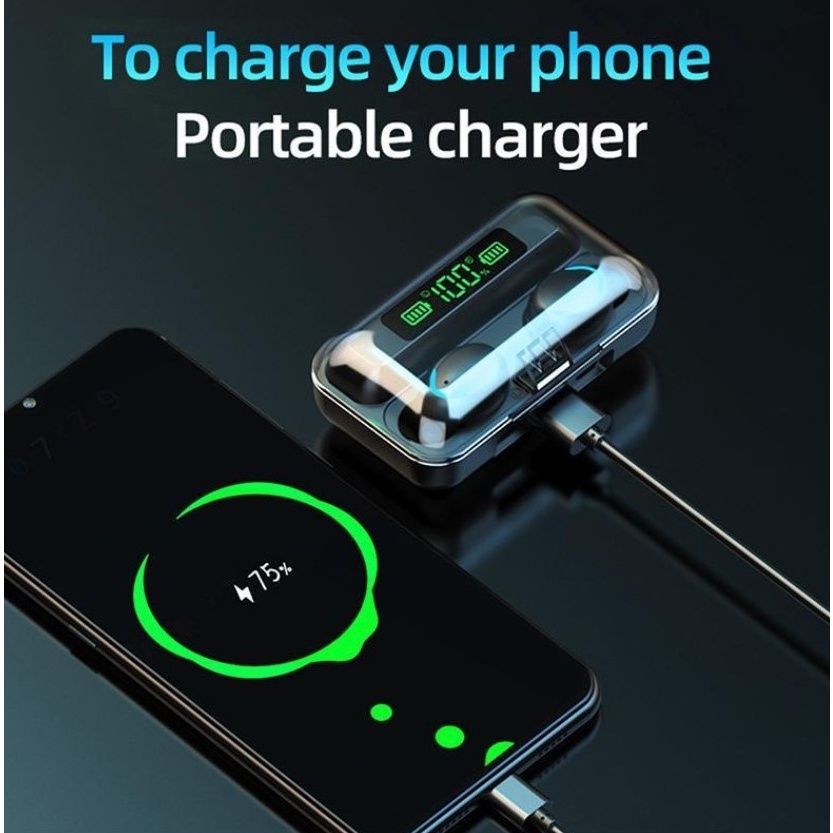 Headset Earphone Bluetooth TWS F9 2 in 1 Powerbank 3500 mAh
