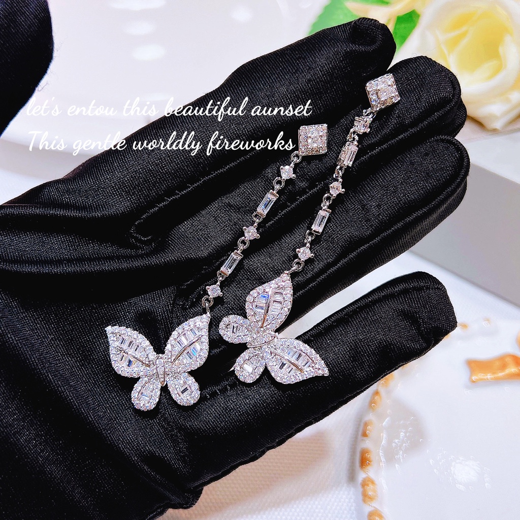 Goldkingdom Aksesoris Perhiasan Fashion Ready Stock Berlian Persegi Panjang Stud Earrings Super Peri Kecil Kupu-Kupu Fluttering Wanita Anting Bentuk