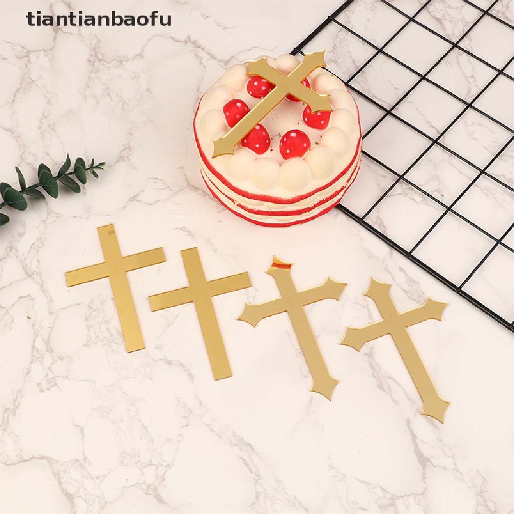 [tiantianbaofu] 5pcs 10 * 7cm Akrilik Cross Gold Topper Perjamuan Pertama Minimalis Sisipan Kue Butik