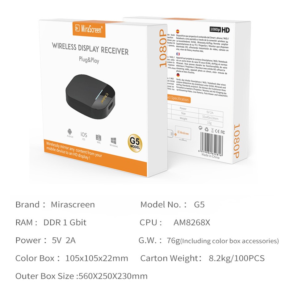 MiraScreen G5 AnyCast Miracast HDMI Dongle Wifi 1080P 2.4G - G5A - Black - 3UMP05BK