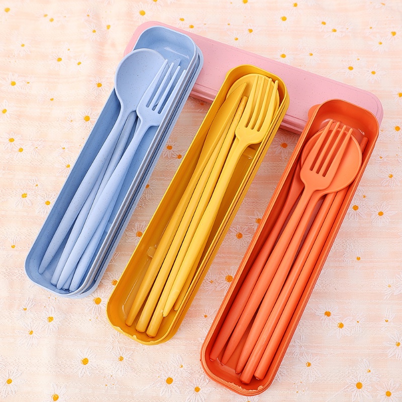 4pcs/set Ramah Lingkungan Wheat Straw Spoon Fork Chopsticks Cutlery/Kotak Peralatan Makan Portabel Travel Anak Dewasa