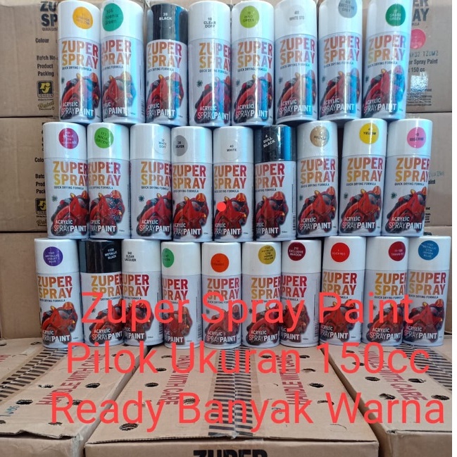 Zuper Spray Paint Pilok Pilox Warna Hitam Putih Silver Merah Hijau 150cc Glossy Metallic Doff (Cepat Kering Murah dan Ready Banyak Warna)