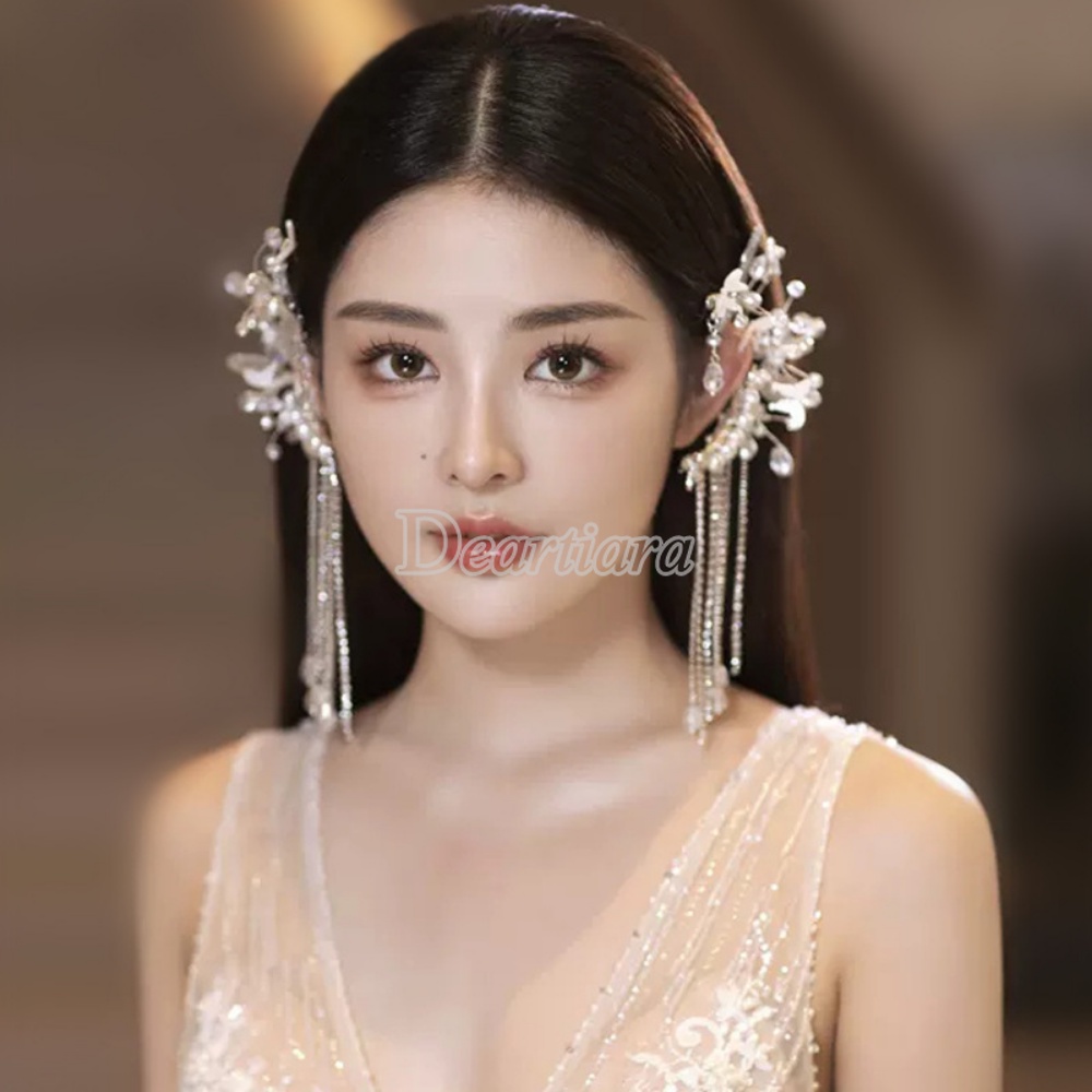 Fashion Retro Bunga Merah Rumbai Panjang Xiuhe Hiasan Pengantin Set Gantung Telinga Dengan Makeup Aksesoris Rambut