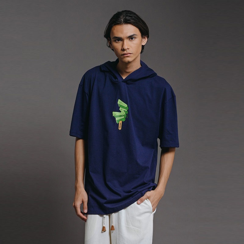 3Second Kaos Hoodie Lengan Pendek Pria Logo Center Baju Atasan Cowok Biru 400323