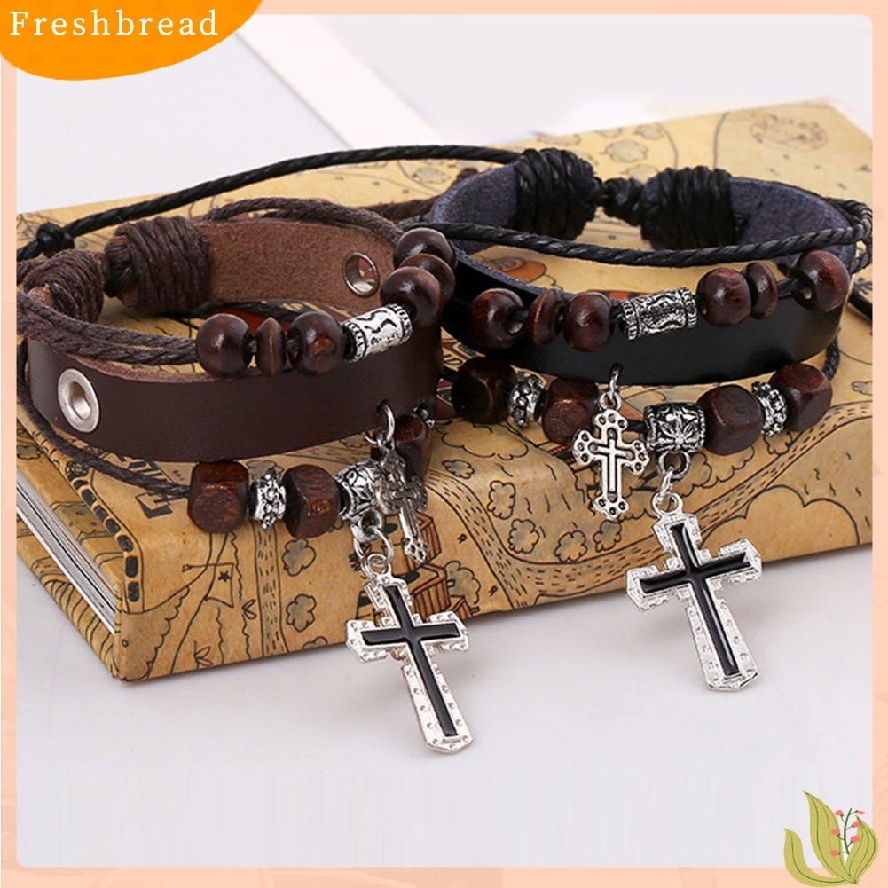 &lt; Freshbread &gt; Vintage The Cross Pendant Multilayer Beads Kulit Imitasi Kepang Gelang Bangle