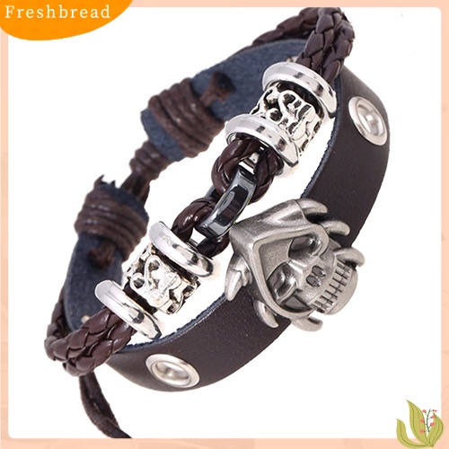 &lt; Freshbread &gt; Fashion Pria Wanita Punk Tengkorak Dikepang Kulit Imitasi Multilayer Buatan Tangan Gelang