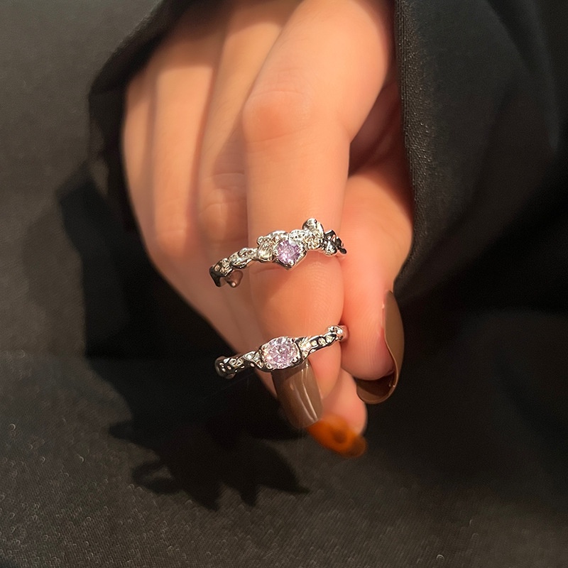 2 Pcs Fashion Ungu Batu Permata Jari Cincin Set Untuk Wanita Elegan Perhiasan Cincin Perak Aceessories