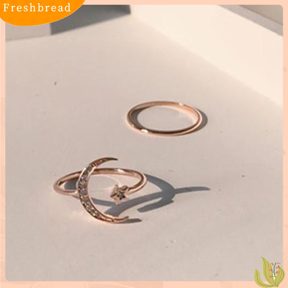 &lt; Freshbread &gt; 2Pcs Wanita Fashion Bintang Bulan Berlian Imitasi Bertatahkan Cincin Jari Terbuka Perhiasan Pesta