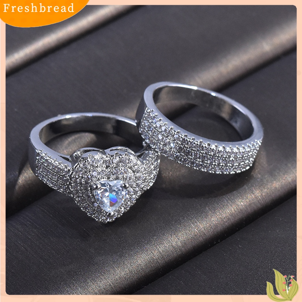 &lt; Freshbread &gt; 2Pcs/Set Cincin Pengantin Berlian Imitasi Mengkilap Mewah Geometris Indah Perhiasan Hadiah Menawan Kekasih Bentuk Hati Janji Cincin Perhiasan Aksesori