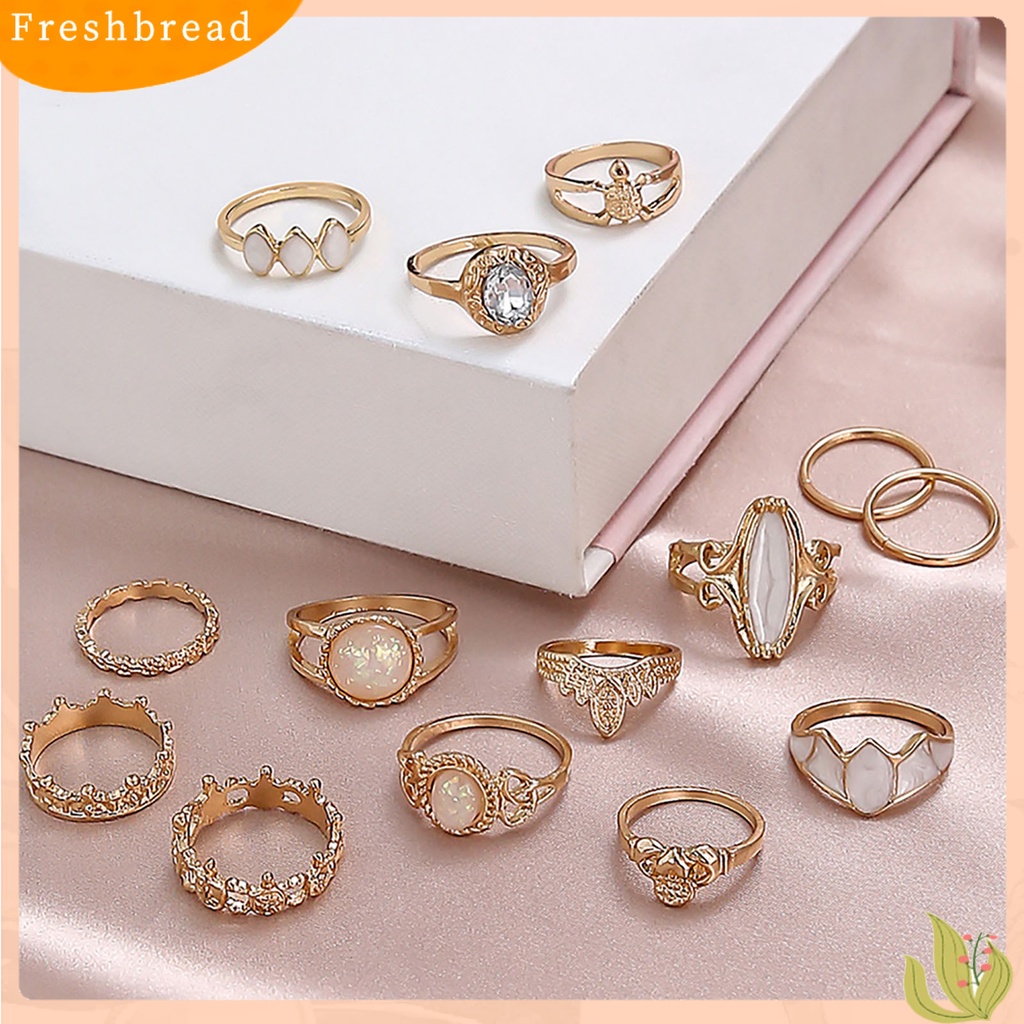 &lt; Freshbread &gt; 14 Pcs Berongga Dapat Ditumpuk Buku Jari Cincin Paduan Gaya Etnik Langit Berbintang Permata Imitasi Jari Rings Perhiasan Aksesori