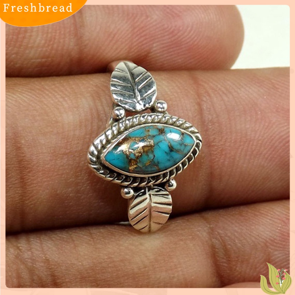 &lt; Freshbread &gt; Wanita Cincin Indah Imitasi Pirus Portabel High-end Vintage Hias Anti Karat Bentuk Daun Unisex Pria Buku Jari Cincin Hadiah Ulang Tahun