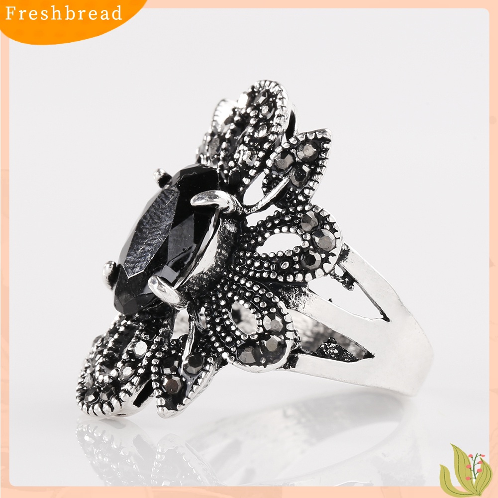 &lt; Freshbread &gt; Wanita Vintage Berongga Pola Bunga Cincin Berlapis Paduan Resin Jari Perhiasan Hadiah
