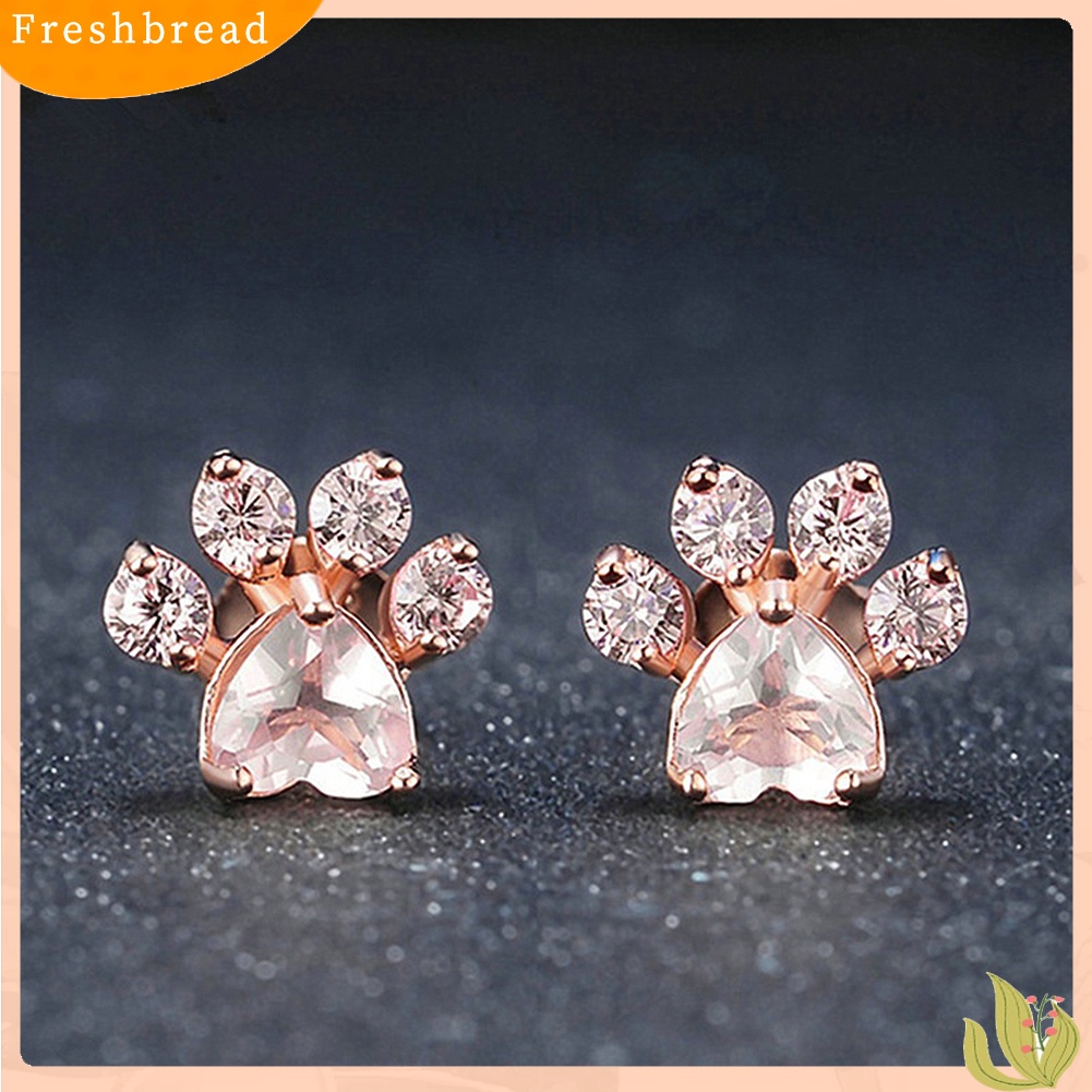 &lt; Freshbread &gt; Cute Paw Rhinestones Open Adjustable Finger Ring Ear Studs Wanita Hadiah Perhiasan