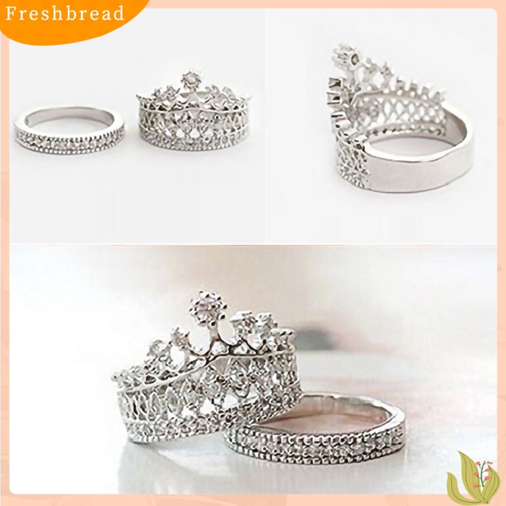 &lt; Freshbread &gt; 2Pcs Cincin Wanita Motif Mahkota Berlian Imitasi Hias Alloy Pernikahan Band Bridal Set Untuk Pertunangan