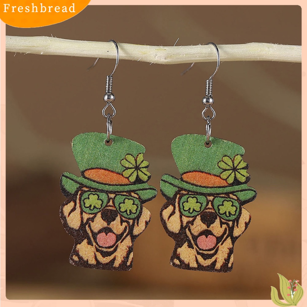 &lt; Freshbread &gt; 1pasang Anting Kait Kayu Dua Sisi Shamrock Clover Lucu Irish Green Hat Dog Menjuntai Earrings Saint Patrick's Day Supplies