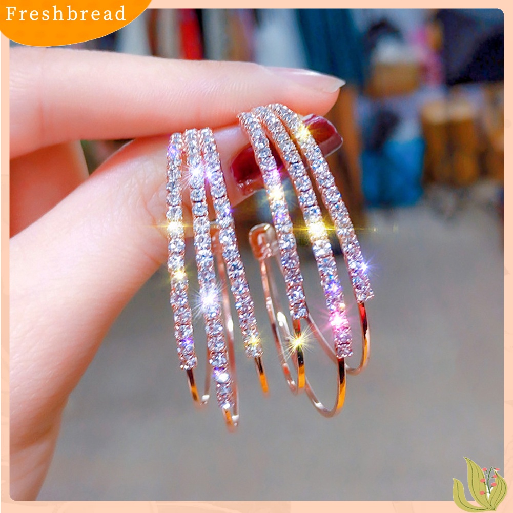 &lt; Freshbread &gt; Wanita Indah Berlian Imitasi Anting Hoop Perhiasan Tindik Lingkaran Lapisan Tiga