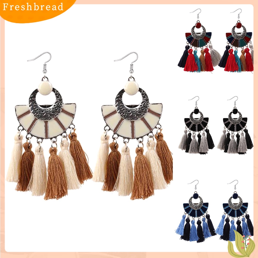 &lt; Freshbread &gt; Wanita Etnik Bentuk Kipas Warna-Warni Rumbai Menjuntai Drop Hook Anting Perhiasan Hadiah