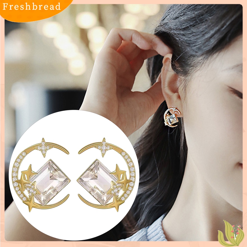 &lt; Freshbread &gt; 1pasang Ear Studs Sparkling Gaya Korea Anti-Oksidasi Friendly Terhadap Kulit Tidak Iritasi Hias Alloy Wanita Bintang Bulan Anting Tusuk Perhiasan Dekor Untuk Lady