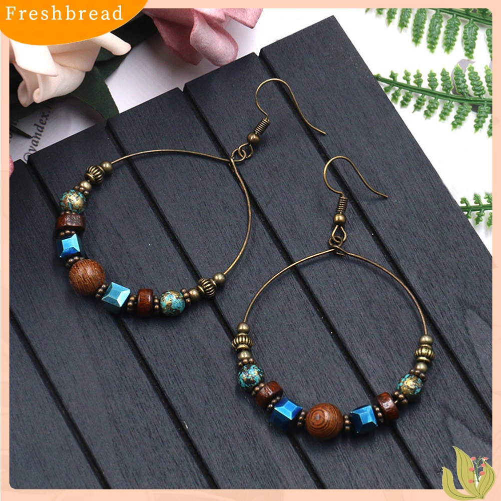 &lt; Freshbread &gt; Bohemian Lingkaran Besar Manik-Manik Kayu Kait Anting Wanita Etnik Faux Turquoise Jewelry