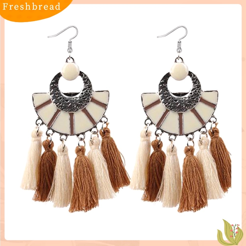 &lt; Freshbread &gt; Wanita Etnik Bentuk Kipas Warna-Warni Rumbai Menjuntai Drop Hook Anting Perhiasan Hadiah