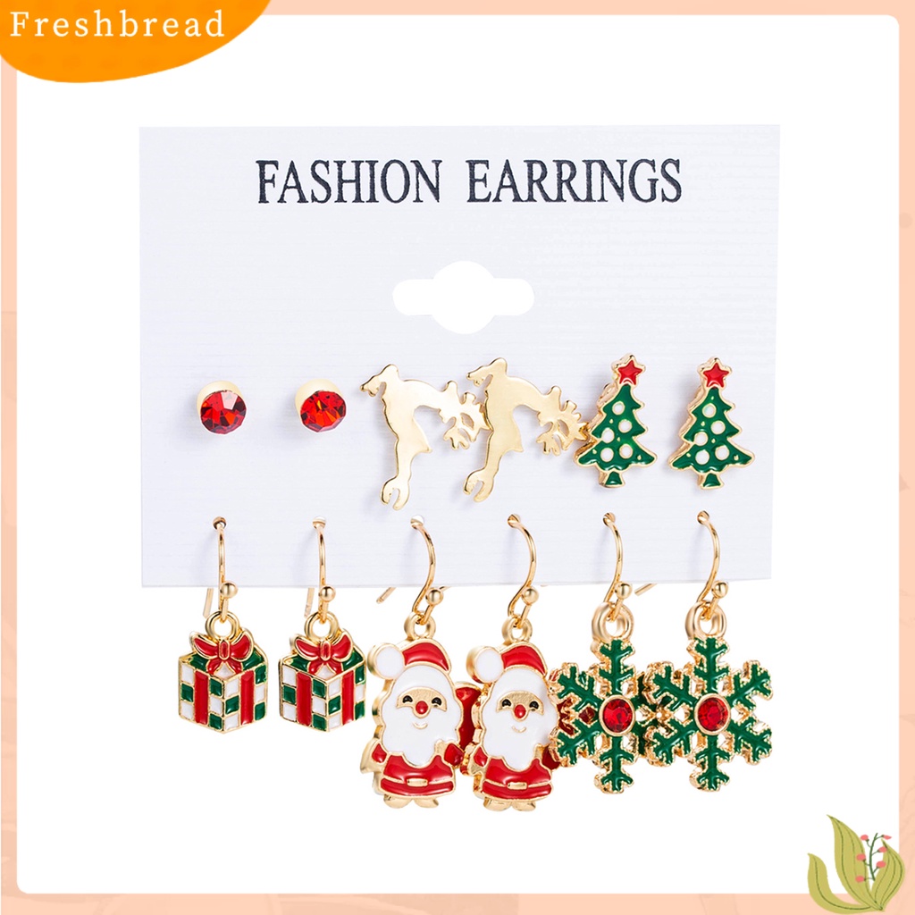 < Freshbread > 6pasang/Set Anting Natal Meriah Enamel Geometris Mengkilap Electroplating Dekorasi Perhiasan Hadiah Pohon Xmas Elk Snowman Santa Claus Ear Studs Menjuntai Anting