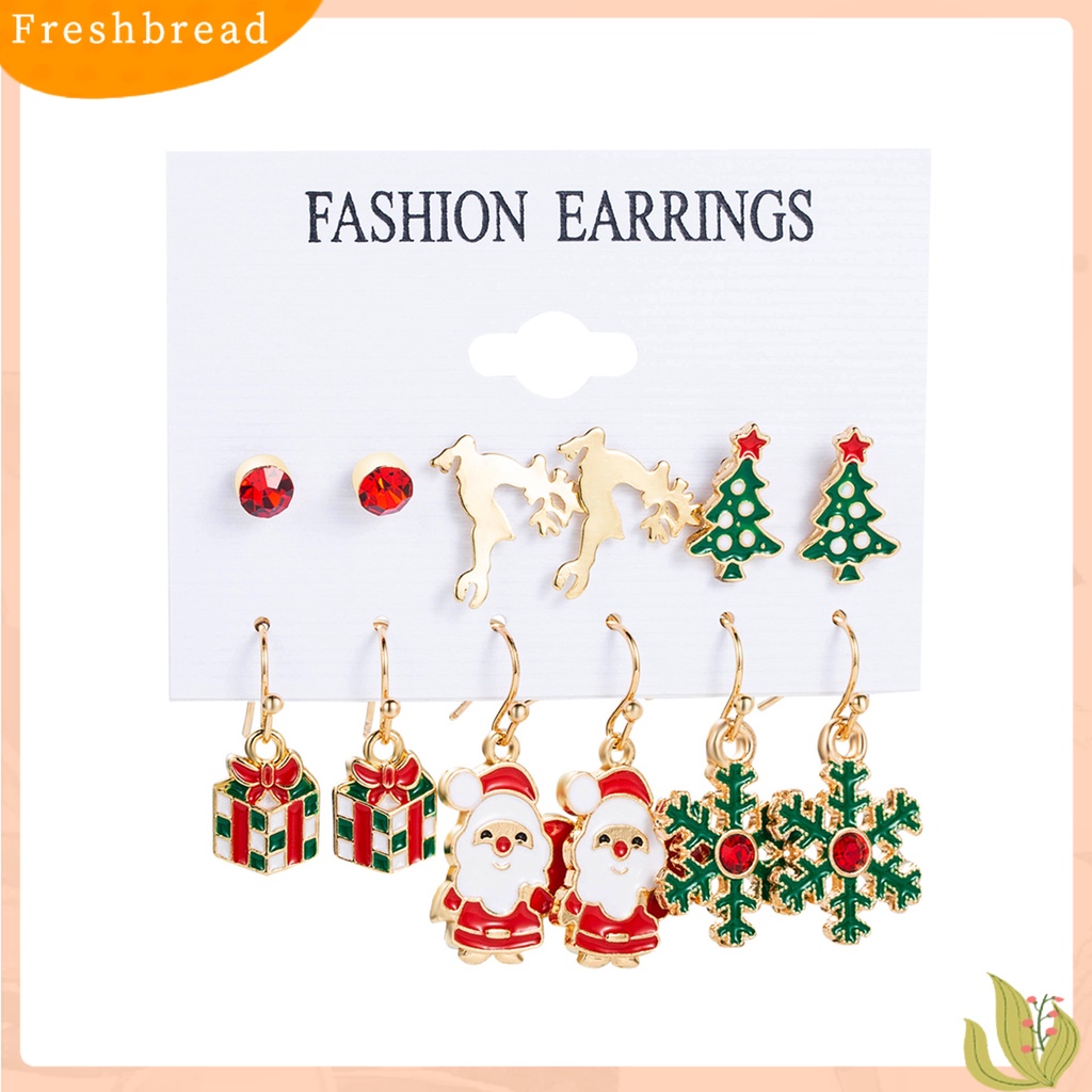 &lt; Freshbread &gt; 6pasang/Set Anting Natal Meriah Enamel Geometris Mengkilap Electroplating Dekorasi Perhiasan Hadiah Pohon Xmas Elk Snowman Santa Claus Ear Studs Menjuntai Anting