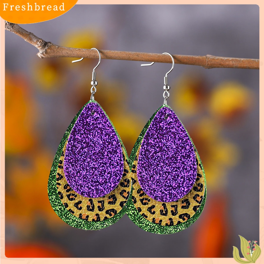 &lt; Freshbread &gt; 1pasang Anting Kait Warna-Warni Glitter Teardrop Berbentuk Daun 3lapisan Kulit Imitasi Menjuntai Anting Perlengkapan Karnaval