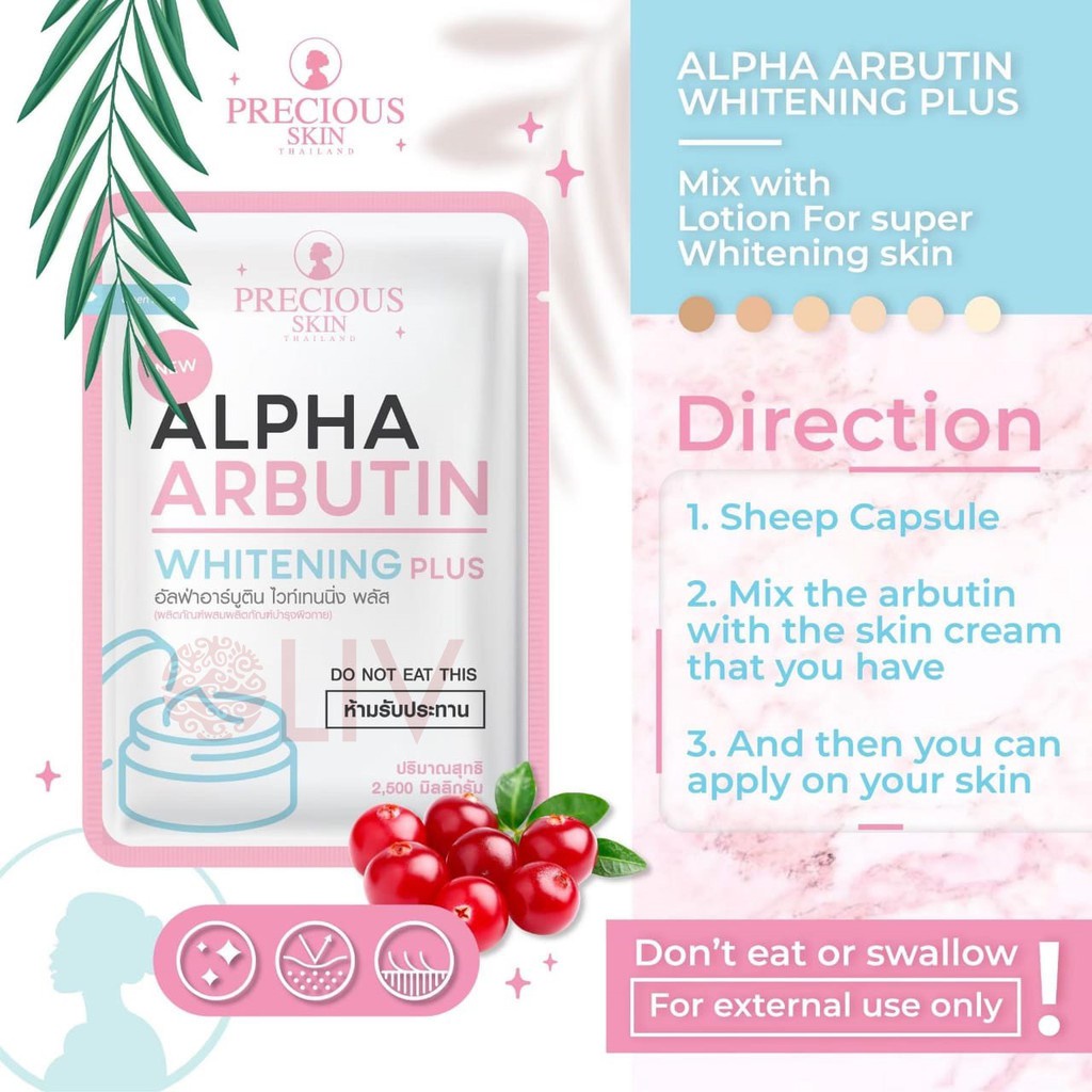 Precious Skin Thailand Alpha Arbutin Whitening Plus Powder Bubuk Pemutih Badan Bubuk Kapsul Lotion