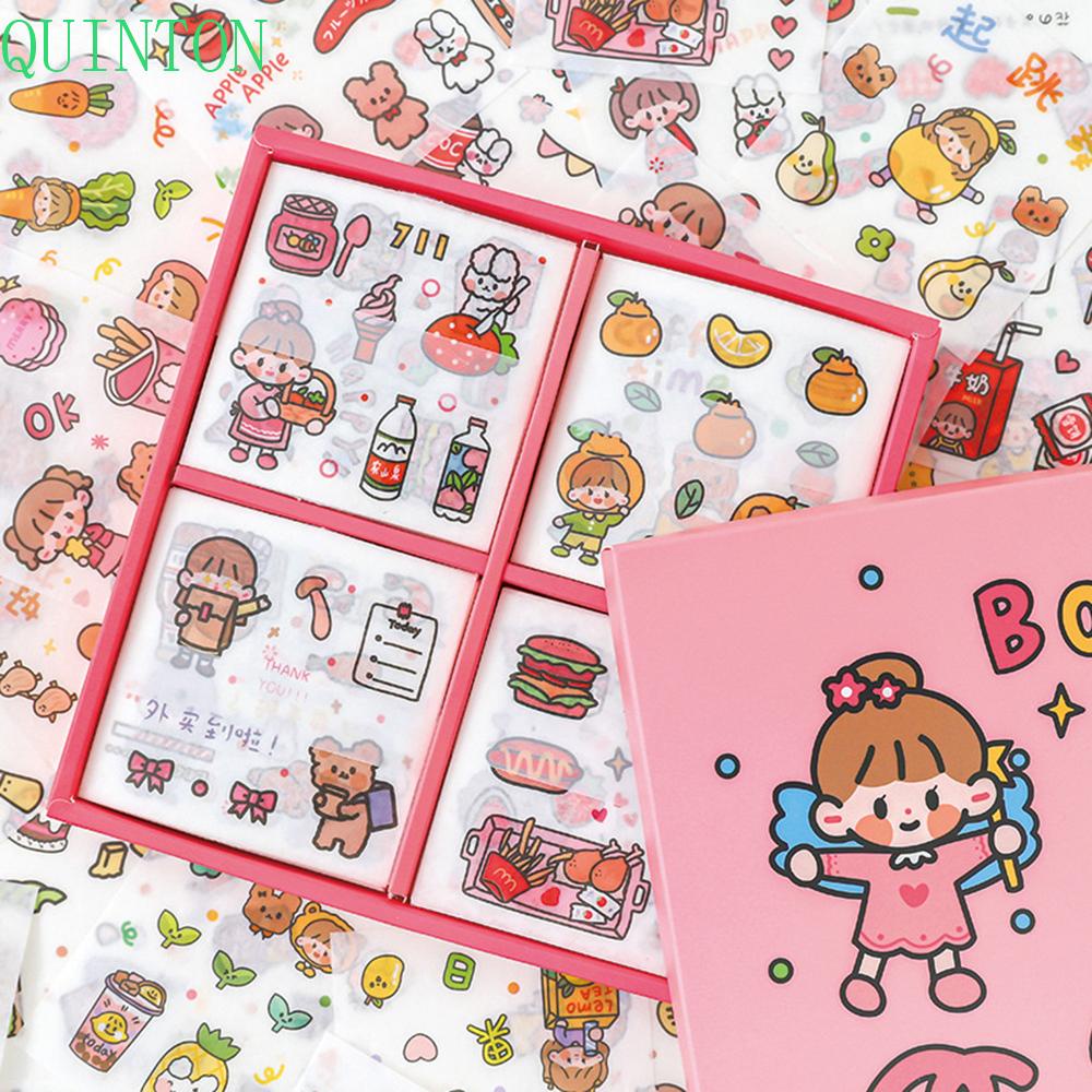 QUINTON Gift Box Kawaii Sticker Set Cartoon Stationery Decorative Sticker Packing Decoration DIY Scrapbooking Waterproof 100 pcs/box Drink Food Animals Girls Pattern Diary Photos Albums Adhesive Decals