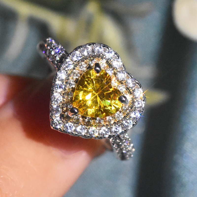 Goldkingdom Aksesoris Perhiasan Fashion Ready Stock Mewah Warna-Warni Permata Topaz Berbentuk Hati Cincin Terbuka Lapisan Ganda Micro Set Super Berkilau Brilliant Engagement Ring