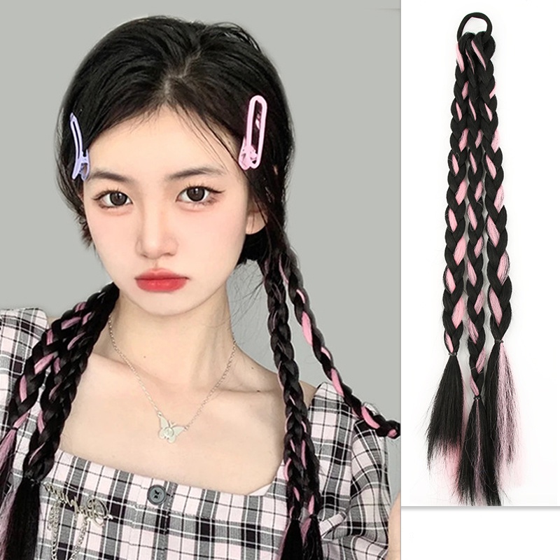 1pc Y2K Twist Kepang Rambut Wig Wanita Cewek Keren Tak Terlihat Mulus Ponytail Ekstensi Rambut 45cm