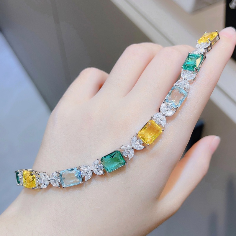 Goldkingdom Fashion Perhiasan Aksesoris Ready Stock Warna Pelangi Gelang Wanita Mewah Gula Laut Biru Berlian Kuning Paraiba Bertatahkan Gelang Warna-Warni