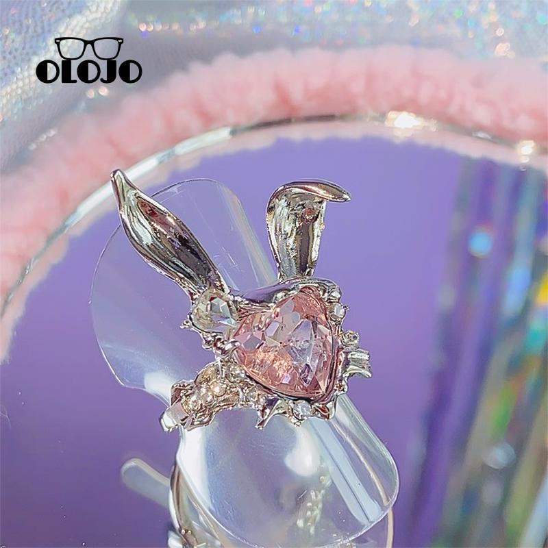 【COD】Cincin Jari Adjustable Indah Berlian Imitasi Merah Muda Hati Indah Telinga Kelinci Wanita pretty rabbit zircon open ring