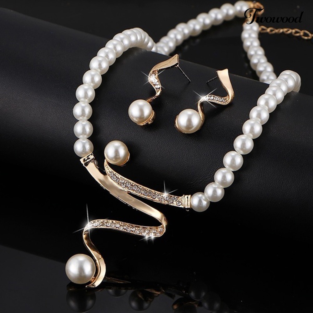 Twowood Berlian Imitasi Faux Pearl Beaded Necklace Stud Earrings Set Perhiasan Pernikahan Pengantin