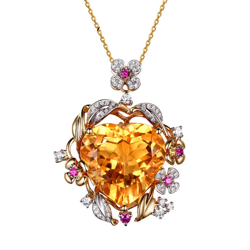 Goldkingdom Fashion Perhiasan Aksesoris Ready Stock Brasil Natural Citrine Heart Pendant 20x20 Oversized Plaid Face Bird's Nest Cut Color Treasure Necklace