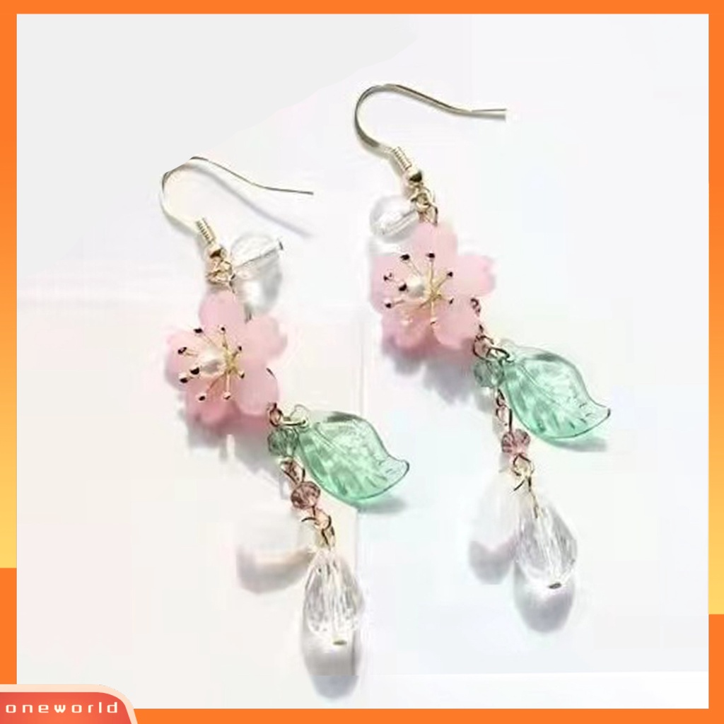 [OWR] 1pasang Ladies Earrings Unik Chic Semua Pertandingan Panjang Elegan Hias Logam Bunga Sakura Menjuntai Anting Hadiah