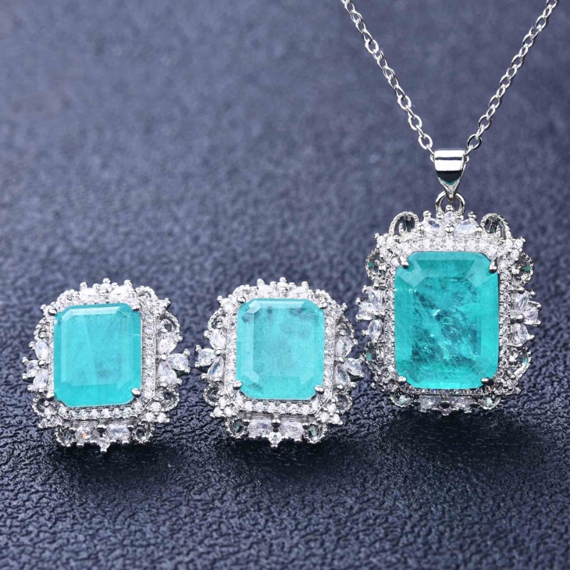 Goldkingdom Fashion Perhiasan Aksesoris Ready Stock Palaiba Alami Kalung Emerald Cut Hijau Muda Berwarna Harta Karun Telinga Stud Set