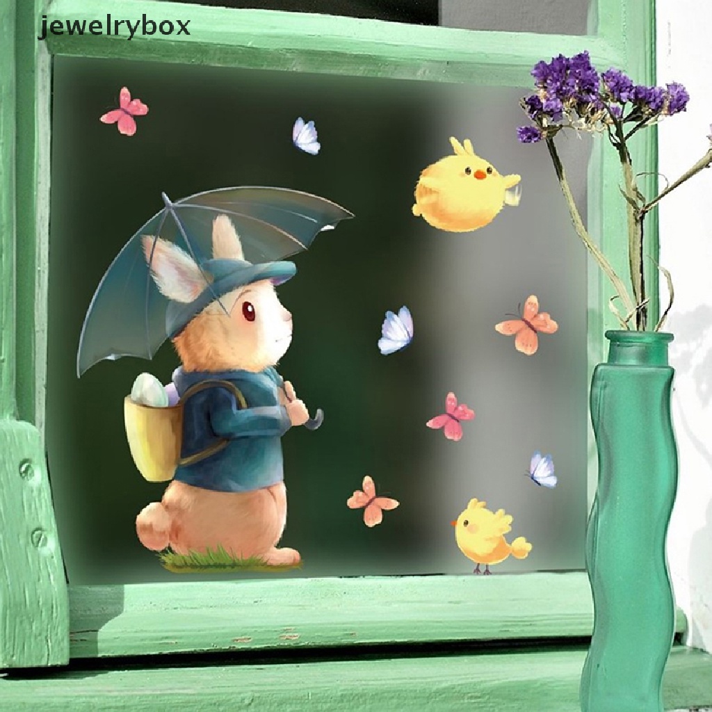 [jewelrybox] 1pc Stiker Jendela Kaca Happy Easter Colorful Bunny Eggs Wall Decal 20x30cm Butik