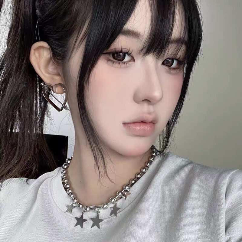 Manis Keren Gaya Kalung Liontin Kalung Fashion Perhiasan Manik-Manik Bulat Besar Pentagram Kalung Perak Bulat Ringan Strand Perempuan Retro Harajuku Y2k Aksesoris