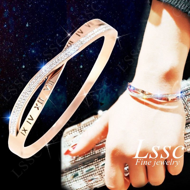 Gelang Titanium Wanita Anti Karat Salib Permata Berlian Emas 18K Cantik Mewah Fashion Korea Dewasa Bangle Aksesoris Perhiasan