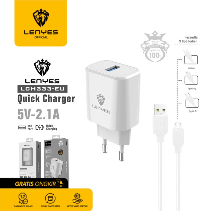 Lenyes LCH333 EU Kepala Charger Adaptor USB+Kabel Data 2.1A Original - Micro USB original kabel cable casan travel charger tc android usb charger micro usb type c batok kepala charger