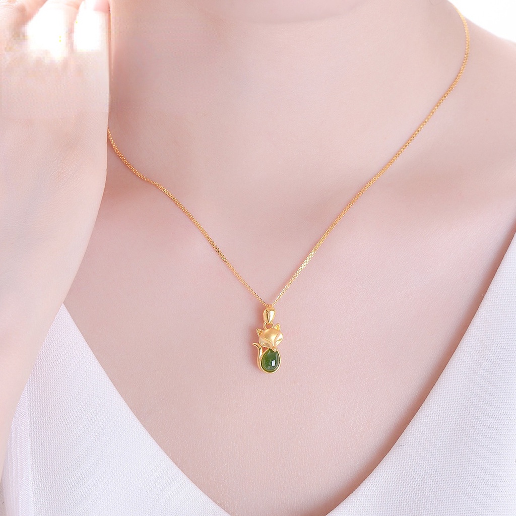 Goldkingdom Fashion Perhiasan Aksesoris Ready Stock Kalsedon Hijau Liontin Perempuan Emas Bertatahkan Giok Rubah Kalung