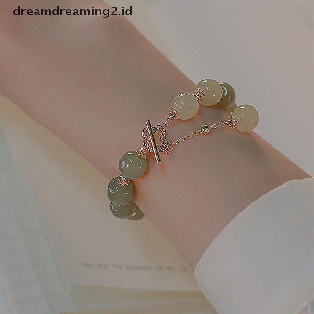 (hot) Vintage Cahaya Imitasi Hetian Jade Beaded Charm Gelang Pesta Santai Mutiara Zirkon Perhiasan Fashion Untuk Wanita Hadiah//